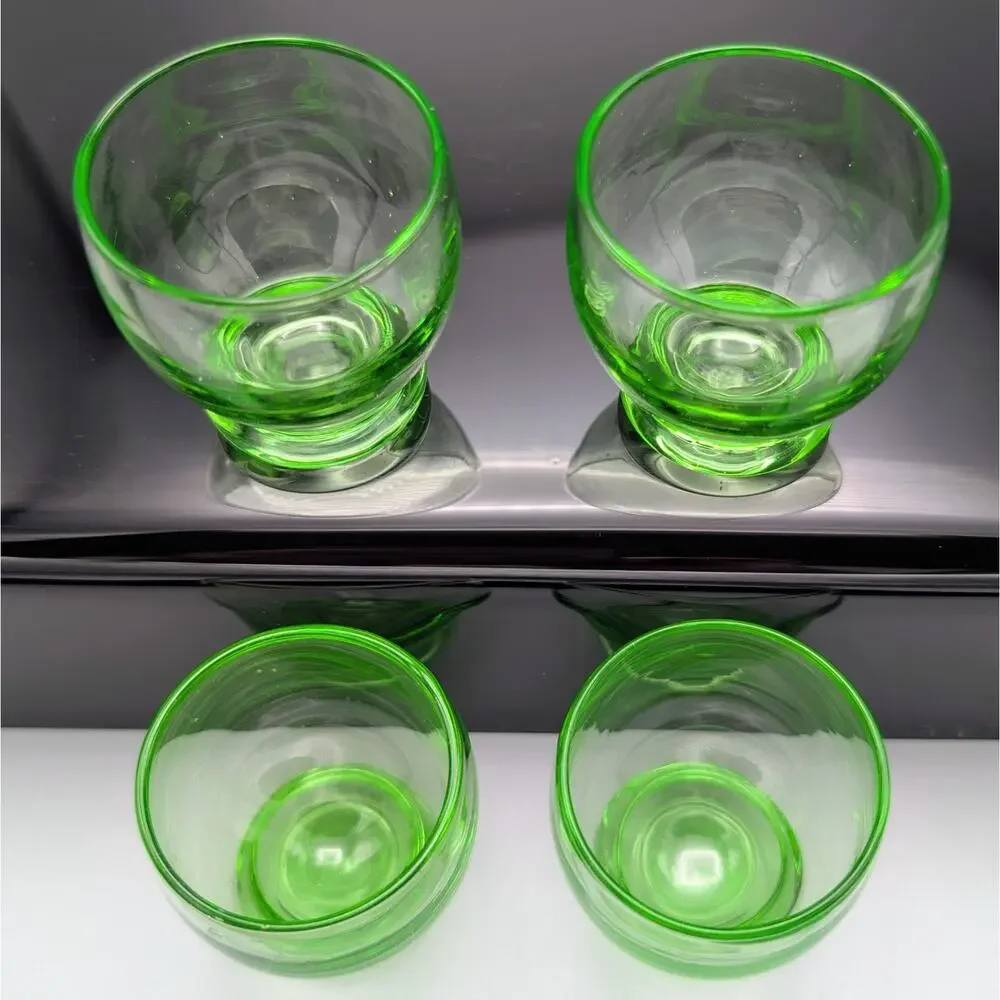 Set of 4 Vintage Green Glass Footed Shot Glasses / Cordials